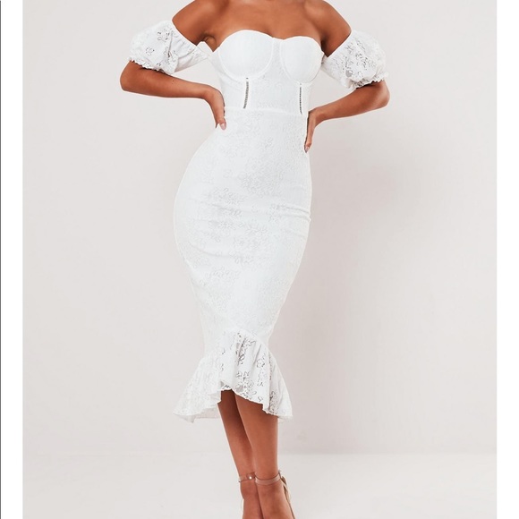 Missguided Dresses & Skirts - White Lace bardot fishtail midi dress